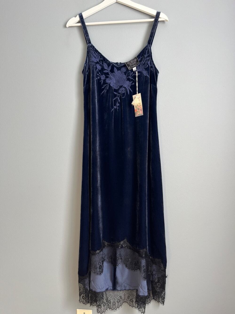 Jade by Johnny Was Velvet Slip Dress S Sapphire Blue Embroidered Lace Hem NWT